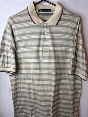 Nicklaus Golf Polo Shirt Men’s Large Beige Gray 100% Cotton Striped